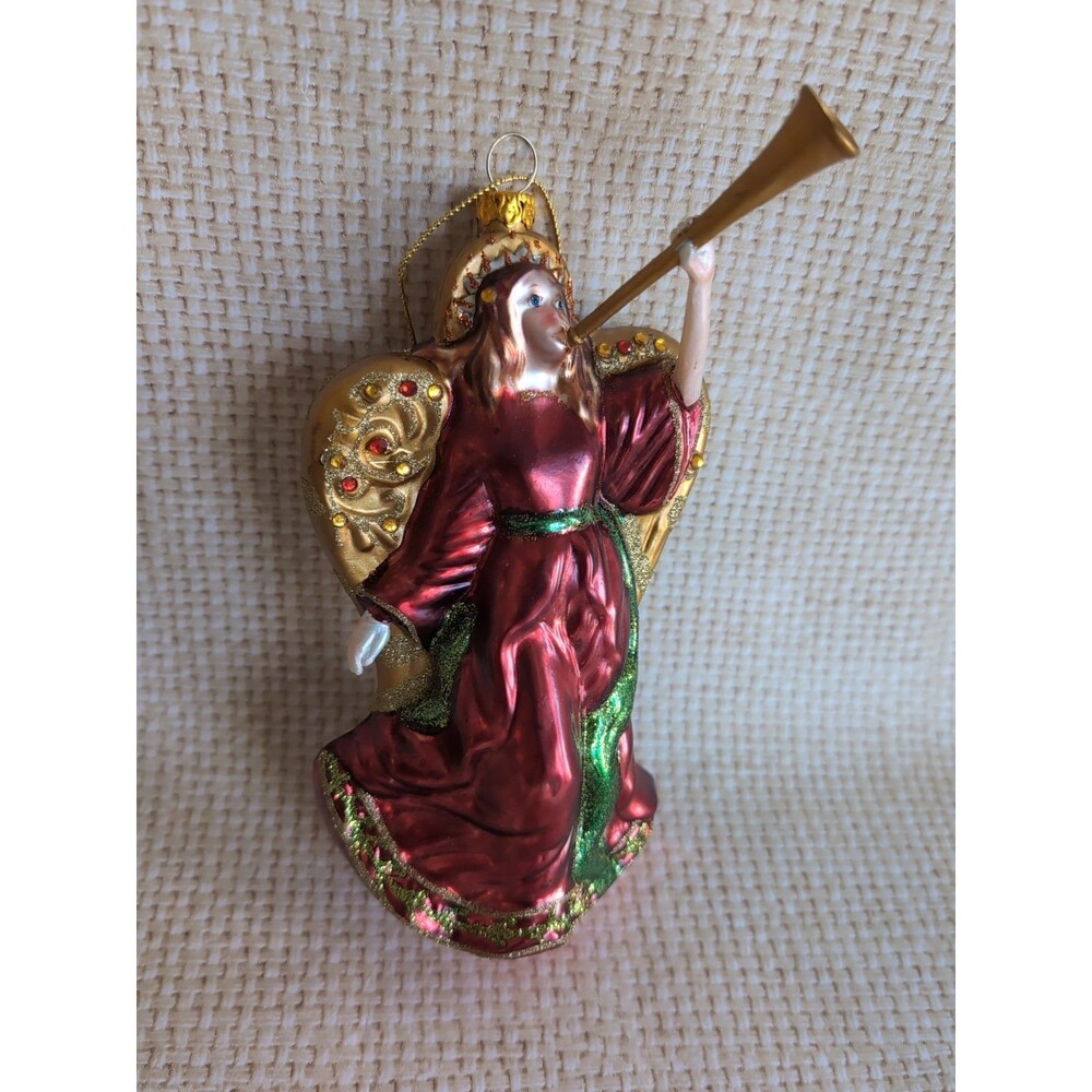 VTG Christmas Angel Ornament European Style Glass Hand Blown Horn Jeweled